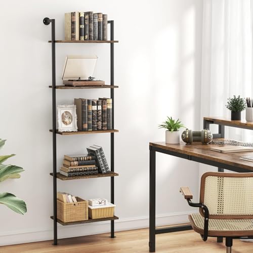 Acovy 5-Tier Bookshelf Solid Wood Ladder Shelf, Narrow Book Shelf Display Shelf, Wooden Bookcase, Wall Mount Ladder Shelf, Storage Rack for Living Room, Bedroom, Industrial Style, Dark Brown - Image 3