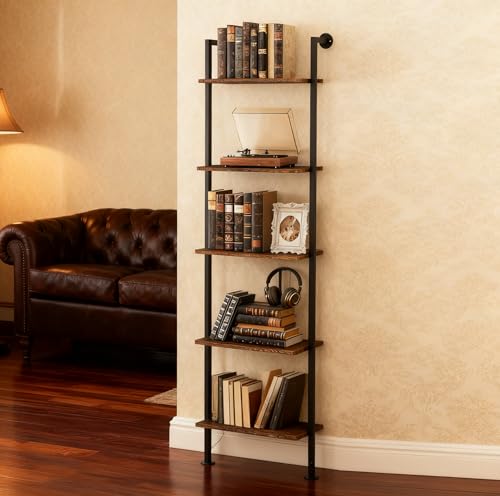 Acovy 5-Tier Bookshelf Solid Wood Ladder Shelf, Narrow Book Shelf Display Shelf, Wooden Bookcase, Wall Mount Ladder Shelf, Storage Rack for Living Room, Bedroom, Industrial Style, Dark Brown - Image 1