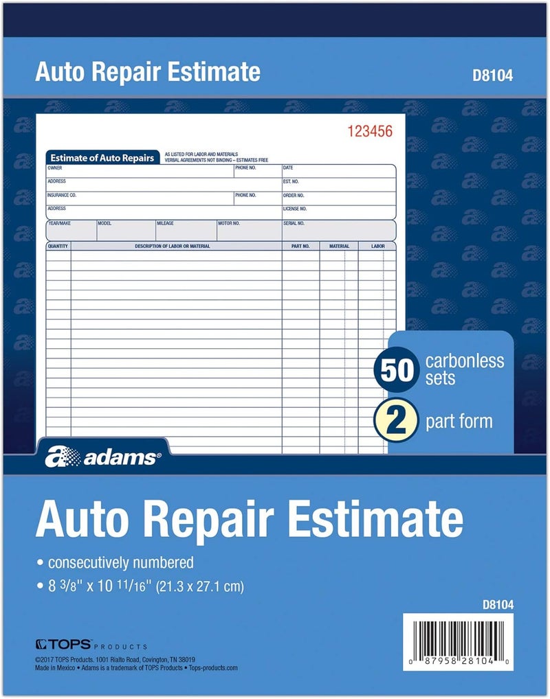 Adams Auto Repair Estimate Book - 2-Part Carbonless Forms, White/Canary, 50 Sets - Image 2