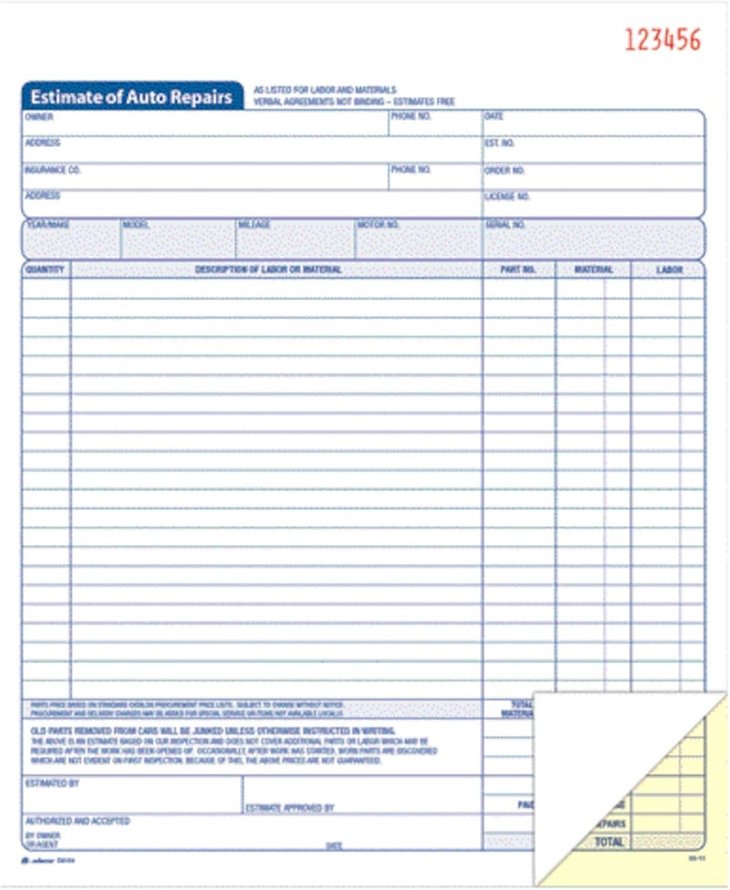Adams Auto Repair Estimate Book - 2-Part Carbonless Forms, White/Canary, 50 Sets - Image 3