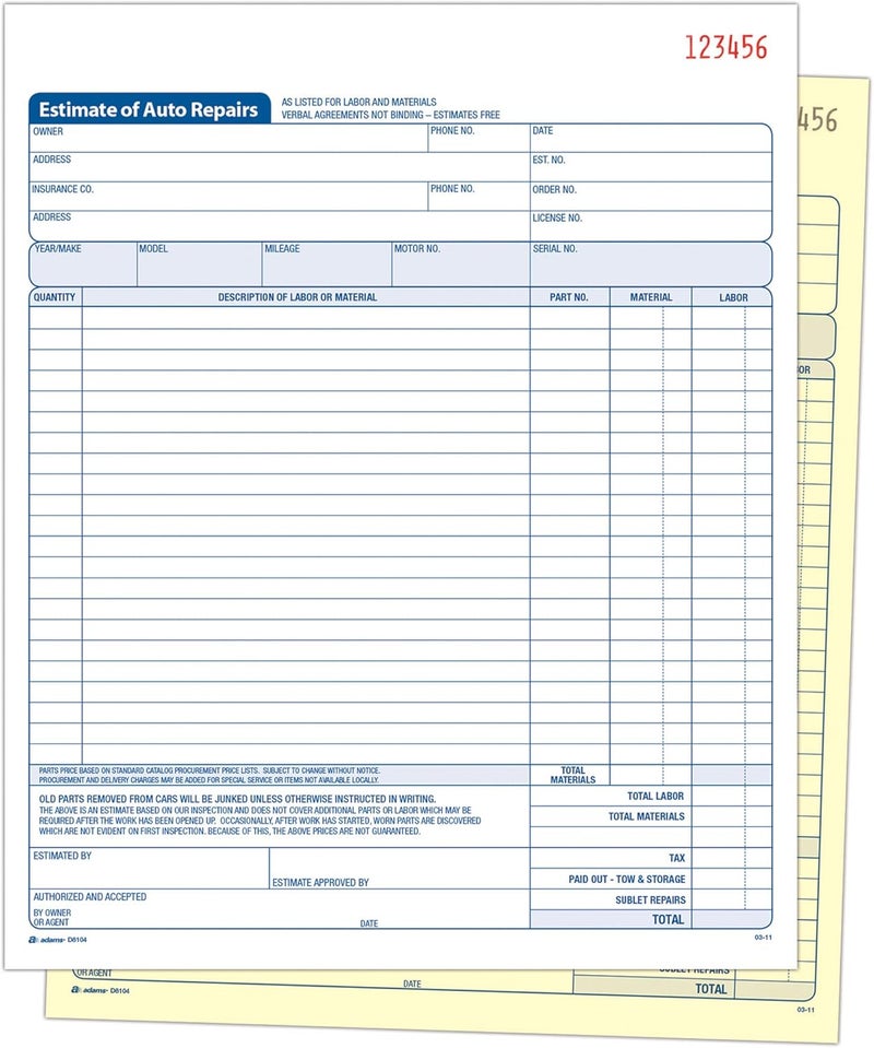 Adams Auto Repair Estimate Book - 2-Part Carbonless Forms, White/Canary, 50 Sets - Image 1