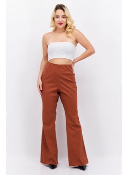 Tinseltown Women Plus Size High Rise Solid Stretchable Flared Pants, Brown  - Image 3