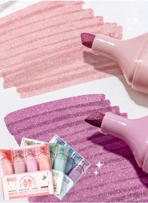 4 Glitter Highlighter Set – Quick-Dry, Smudge-Proof Water-Based Ink for Vibrant Note-Taking, Planners, Journaling & Scrapbooking, Flexible Chisel Tip for Adjustable Line Width, Transparent Cap Design, Perfect for School, Office & Creative Writing
