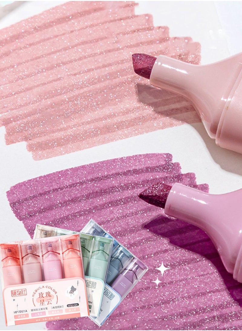 4 Glitter Highlighter Set – Quick-Dry, Smudge-Proof Water-Based Ink for Vibrant Note-Taking, Planners, Journaling & Scrapbooking, Flexible Chisel Tip for Adjustable Line Width, Transparent Cap Design, Perfect for School, Office & Creative Writing
