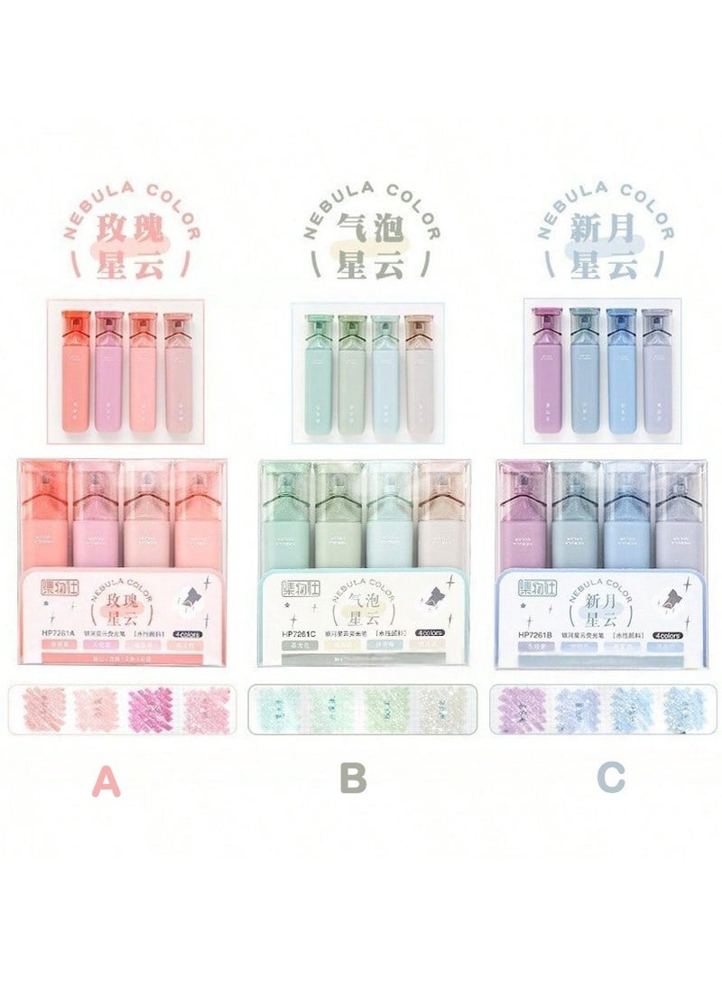 4 Glitter Highlighter Set – Quick-Dry, Smudge-Proof Water-Based Ink for Vibrant Note-Taking, Planners, Journaling & Scrapbooking, Flexible Chisel Tip for Adjustable Line Width, Transparent Cap Design, Perfect for School, Office & Creative Writing