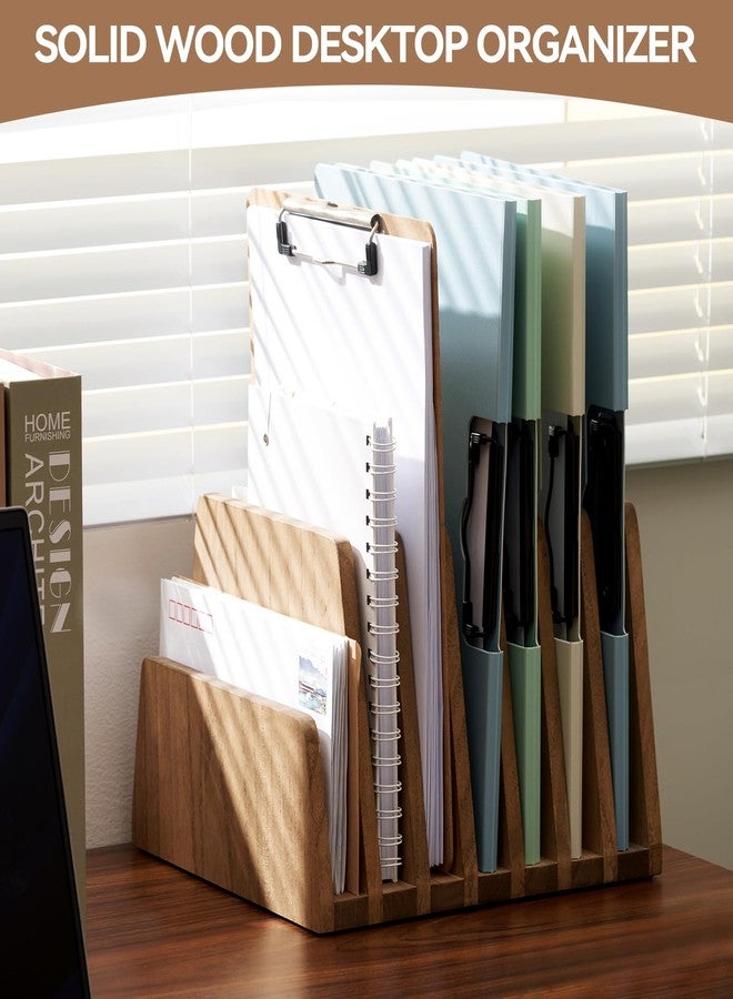 KIRIGEN Wood File Mail Organizer 7 Slots File Paper Holder Desktop Wood Document Letter Holder Organizer for Home Office Brown (7KWJJ-DBR) - Image 2