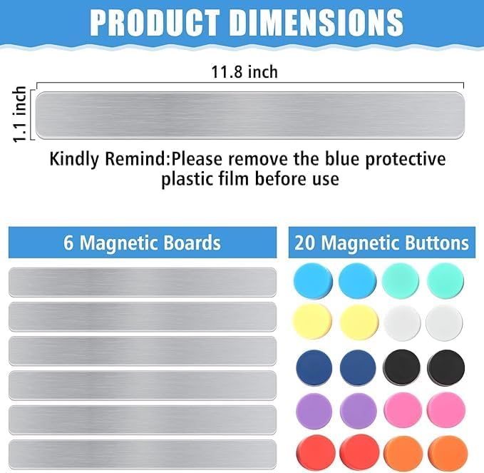 BOSSNUOK Magnetic Memo Board Set, 6 Pack Stainless Steel Notice Strip with 20 Colorful Magnets, 30x3 cm, Adhesive Backed, Includes 2 Memo Pads for Office, Fridge, Wall Organization - Image 2