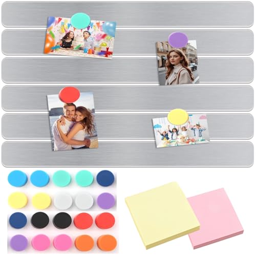 BOSSNUOK Magnetic Memo Board Set, 6 Pack Stainless Steel Notice Strip with 20 Colorful Magnets, 30x3 cm, Adhesive Backed, Includes 2 Memo Pads for Office, Fridge, Wall Organization - Image 1