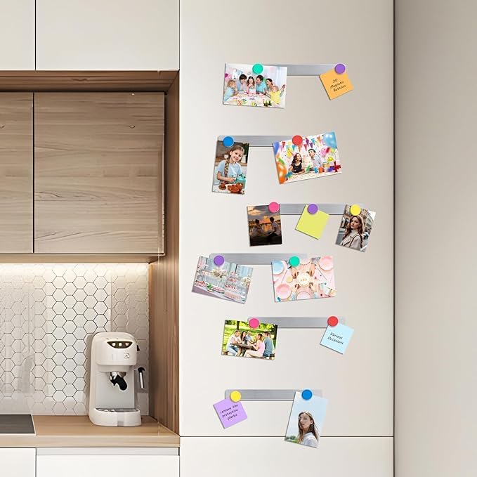 BOSSNUOK Magnetic Memo Board Set, 6 Pack Stainless Steel Notice Strip with 20 Colorful Magnets, 30x3 cm, Adhesive Backed, Includes 2 Memo Pads for Office, Fridge, Wall Organization - Image 5