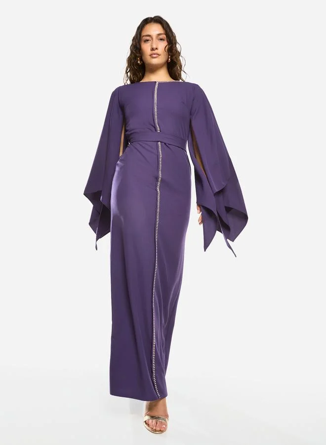 House of Moda Slit Cape Sleeve Tie-Belt Maxi Dress
