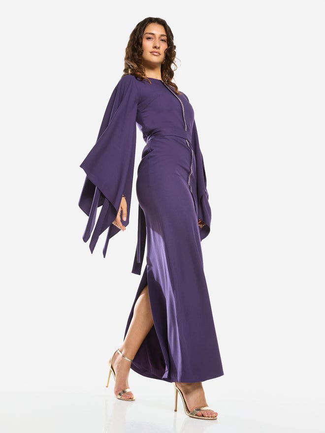 House of Moda Slit Cape Sleeve Tie-Belt Maxi Dress - Image 4