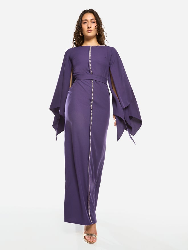 House of Moda Slit Cape Sleeve Tie-Belt Maxi Dress - Image 3