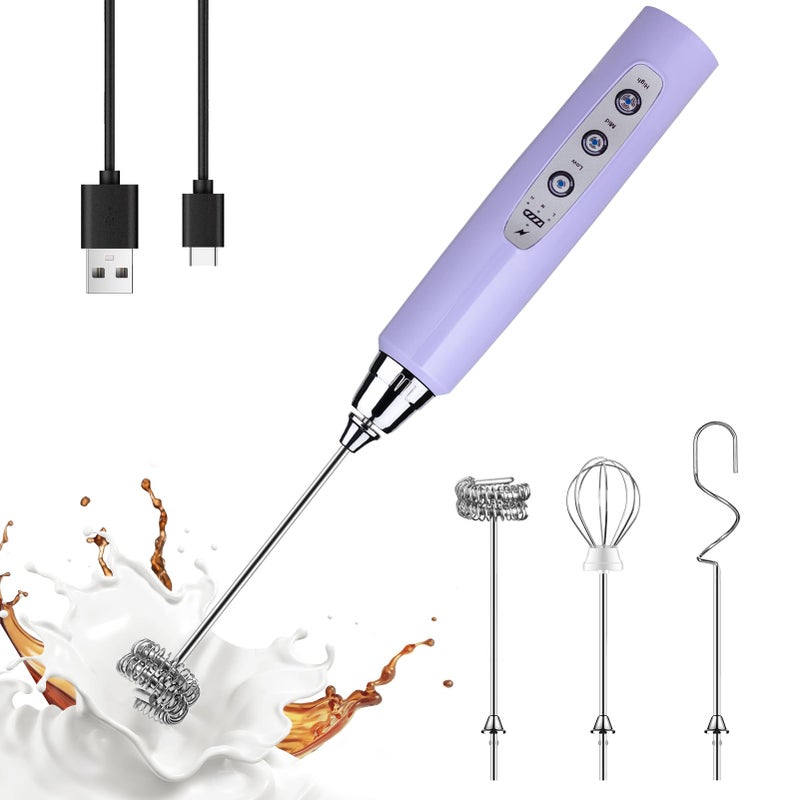 YUSWKO Light Purple Handheld Milk Frother Wand for Coffee Rechargeable Electric Whisk with 3 Heads 3 Speeds Drink Mixer Coffee Frother For Latte Cappuccino Hot Chocolate Egg