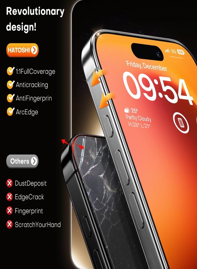 هاتوشي واقي شاشة HATOSHI لهاتف iPhone 15 Pro مع إزالة الغبار تلقائيًا بدون فقاعات 9H+ صلابة من الزجاج المقوى وتغطية كاملة وسهولة التركيب، عبوة من قطعتين - Image 5