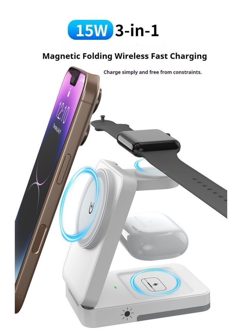 Black-3 in 1 Magnetic Foldable Wireless Charger Station | Fast Charging for iPhone, Apple Watch & AirPods | Portable Travel Design with LED Light - Image 4