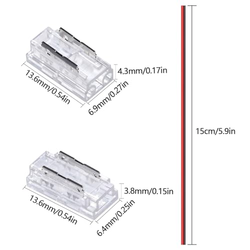 GOMING 5mm/0.2in COB LED Strip Connector Kit 2Pin 22Pcs Strip to Wire Transparent Gapless Connectors 8Pcs Strip to Strip Connectors 11Pcs 15cm/5.9in Extension Wires for 5mm COB LED Strip - Image 2