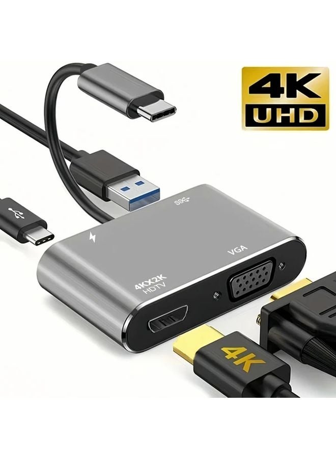 محول USB-C رباعي 1 في 4 بشاشتين مزدوجتين بدقة 4K VGA 1080P ومنفذ USB 3.0 وشاحن PD 100W ومحطة إرساء Type-C - Image 1