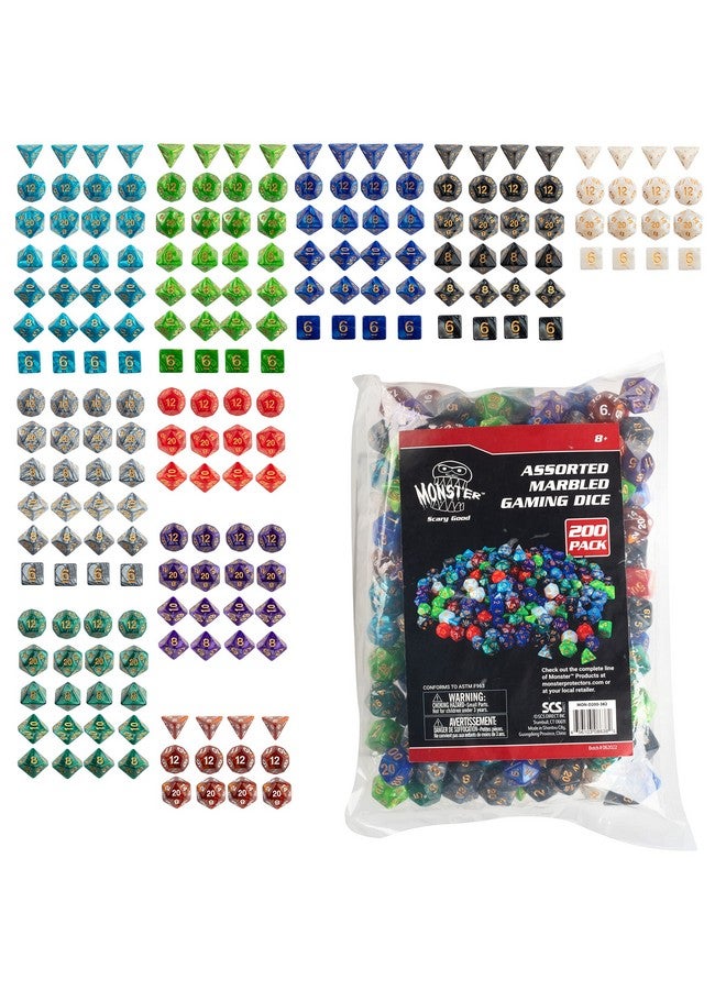 Monster Protectors Monster Gaming 200 count Bulk Dice Value Pack-10 Different Marbled Colors -Multi-Colored Assorted Polyhedral Die, Compatible with Dungeons and Dragons, RPG & Board Games- Includes D4 D6 D8 D10 D12 D20  - Image 2