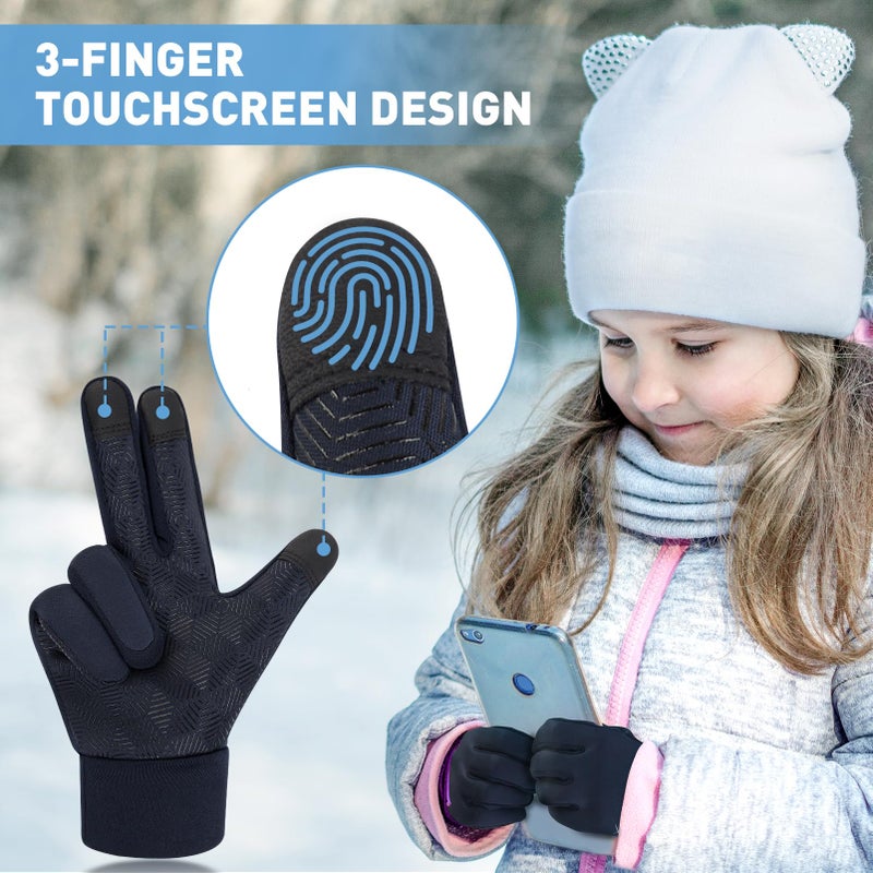 EEFOW Winter Waterproof Touchscreen Kids Gloves: Warm Lightweight Sport Snow Grip Wool Mitten for Age 10-12 Years Boys & Girls Youth Big Children for Ski Cycling Football Riding Soccer, Dark Blue - Image 3