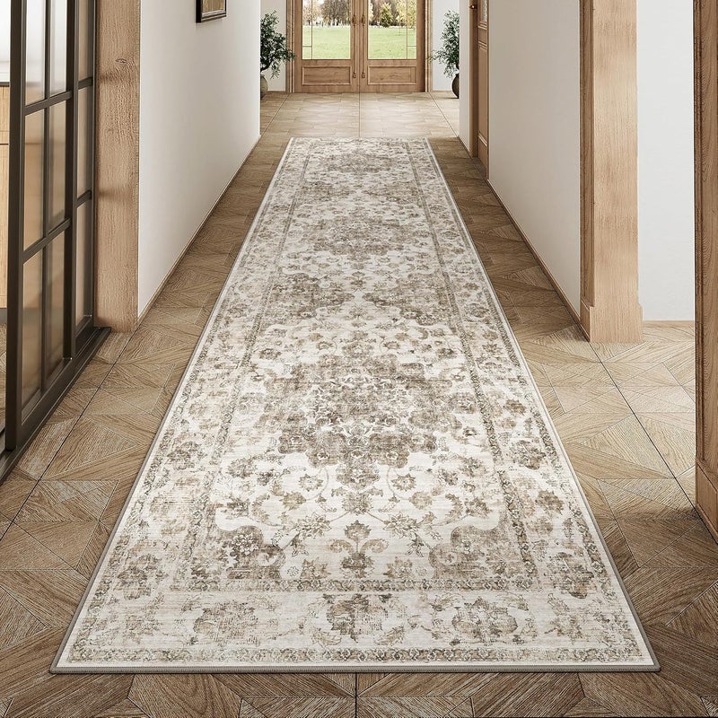 WondRg 2x8 سجادة ممر محايدة قابلة للغسل باللون البني العتيق لممر المطبخ، غير قابلة للانزلاق، ناعمة، وبرية منخفضة، بنقوش زهرية، مناسبة لغرفة النوم والحمام وغرفة الغسيل وغرفة المعيشة - Image 1