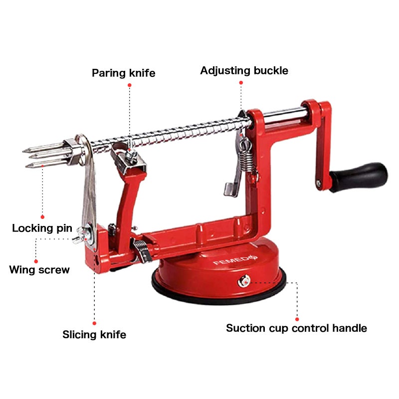 femedo Apple Peeler Slicer Corer with Stainless Steel Blades and Powerful Suction Base for Apples Pears Potatoes(Red) - Image 3