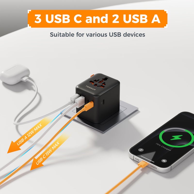 TESSAN Universal Travel Adapter, Travel Plug with 2 USB A and 3 USB C - Image 4