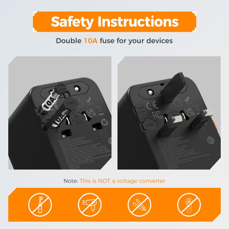 TESSAN Universal Travel Adapter, Travel Plug with 2 USB A and 3 USB C - Image 5