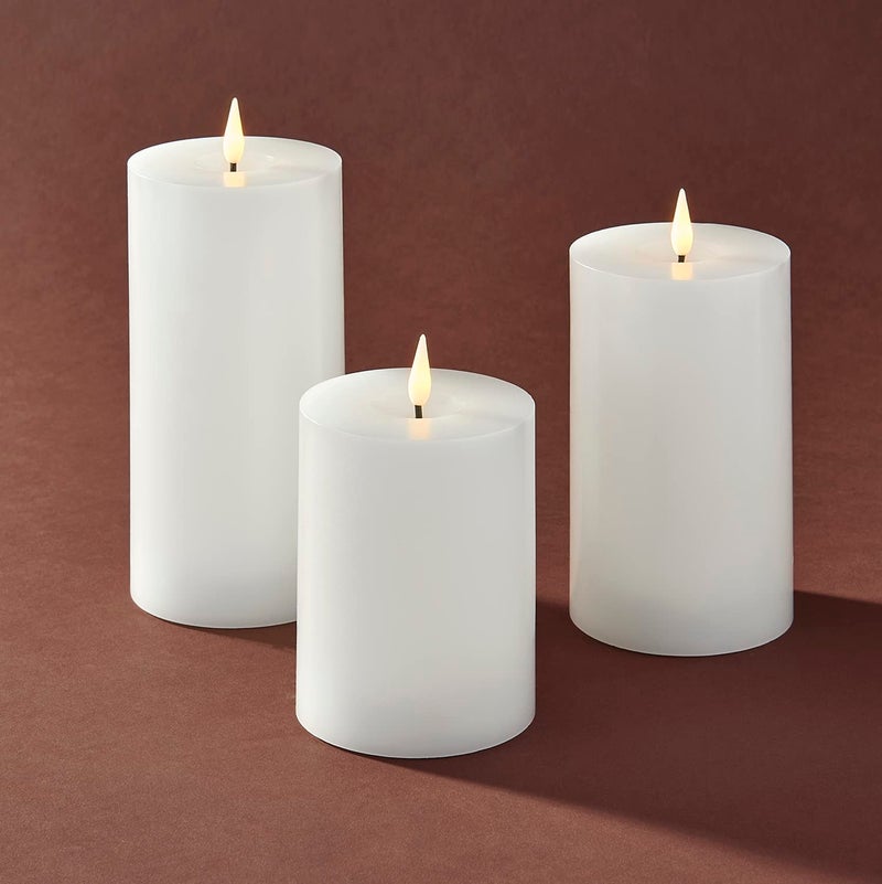 LampLust Realistic Flameless Pillar Candles with Remote, Set of 3, Batteries Included, Real White Wax, 3D Flickering LED Flame, 3 Inch Pillar Candles, Spring Decor, Centerpieces for Tables - Image 1