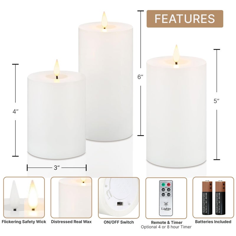 LampLust Realistic Flameless Pillar Candles with Remote, Set of 3, Batteries Included, Real White Wax, 3D Flickering LED Flame, 3 Inch Pillar Candles, Spring Decor, Centerpieces for Tables - Image 2