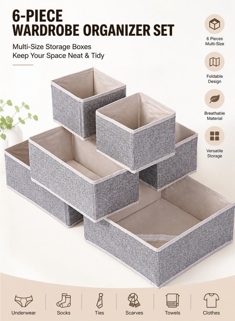 6-Piece Wardrobe Organizer Set Foldable Drawer Organizer for Clothes Underwear Socks Storage Boxes Multi-Size Closet Organizers Gray - Image 1