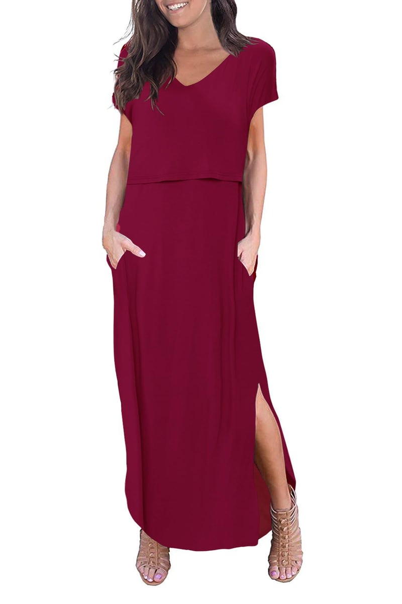 Smallshow Womens Maternity Nursing Dresses Split Long Dress for Breastfeeding Small Burgundy