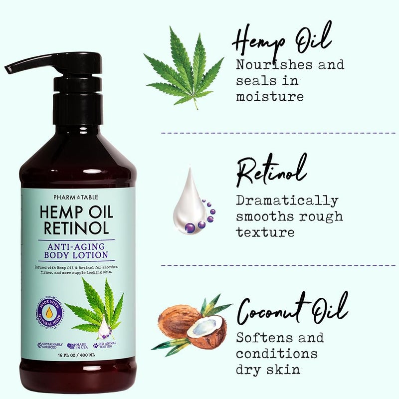 PHARM TO TABLE Hemp Oil Retinol Anti Aging Body Lotion 480ml - Image 2
