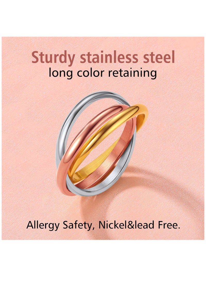 Excefore - Triple Band Rings Interlocked Rolling Rings for Women Girls Stainless Steel Tri-color Russian Wedding Band Size 4 to 12, with Gift Box - Image 1
