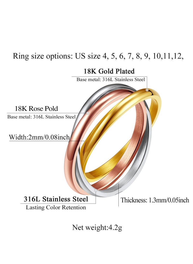 Excefore - Triple Band Rings Interlocked Rolling Rings for Women Girls Stainless Steel Tri-color Russian Wedding Band Size 4 to 12, with Gift Box - Image 1