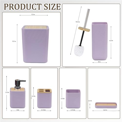 CERBIOR Bathroom Accessories Set 6 Piece Bamboo Bath Ensemble Includes Soap Dispenser, Toothbrush Holder, Toothbrush Cup, Soap Dish for Decorative Countertop and Housewarming Gift (Purple) - Image 3