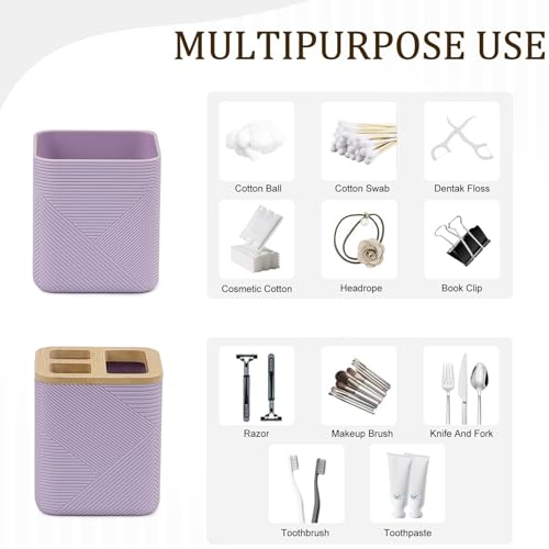 CERBIOR Bathroom Accessories Set 6 Piece Bamboo Bath Ensemble Includes Soap Dispenser, Toothbrush Holder, Toothbrush Cup, Soap Dish for Decorative Countertop and Housewarming Gift (Purple) - Image 4