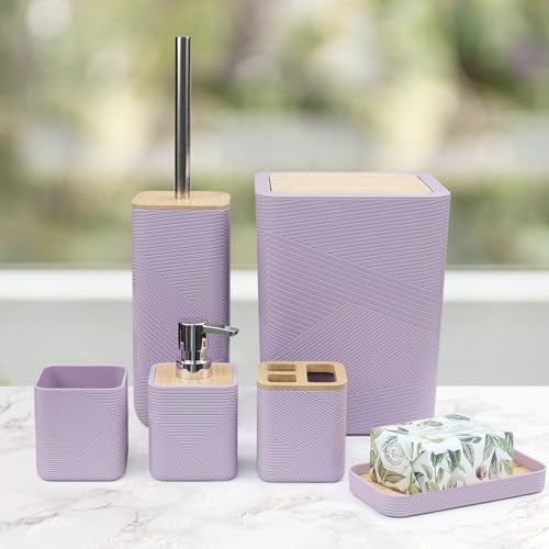 CERBIOR Bathroom Accessories Set 6 Piece Bamboo Bath Ensemble Includes Soap Dispenser, Toothbrush Holder, Toothbrush Cup, Soap Dish for Decorative Countertop and Housewarming Gift (Purple) - Image 2