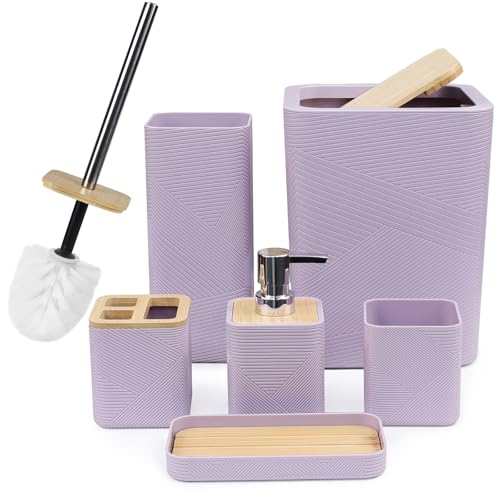 CERBIOR Bathroom Accessories Set 6 Piece Bamboo Bath Ensemble Includes Soap Dispenser, Toothbrush Holder, Toothbrush Cup, Soap Dish for Decorative Countertop and Housewarming Gift (Purple) - Image 1