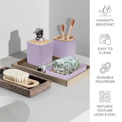 CERBIOR Bathroom Accessories Set 6 Piece Bamboo Bath Ensemble Includes Soap Dispenser, Toothbrush Holder, Toothbrush Cup, Soap Dish for Decorative Countertop and Housewarming Gift (Purple) - Image 5