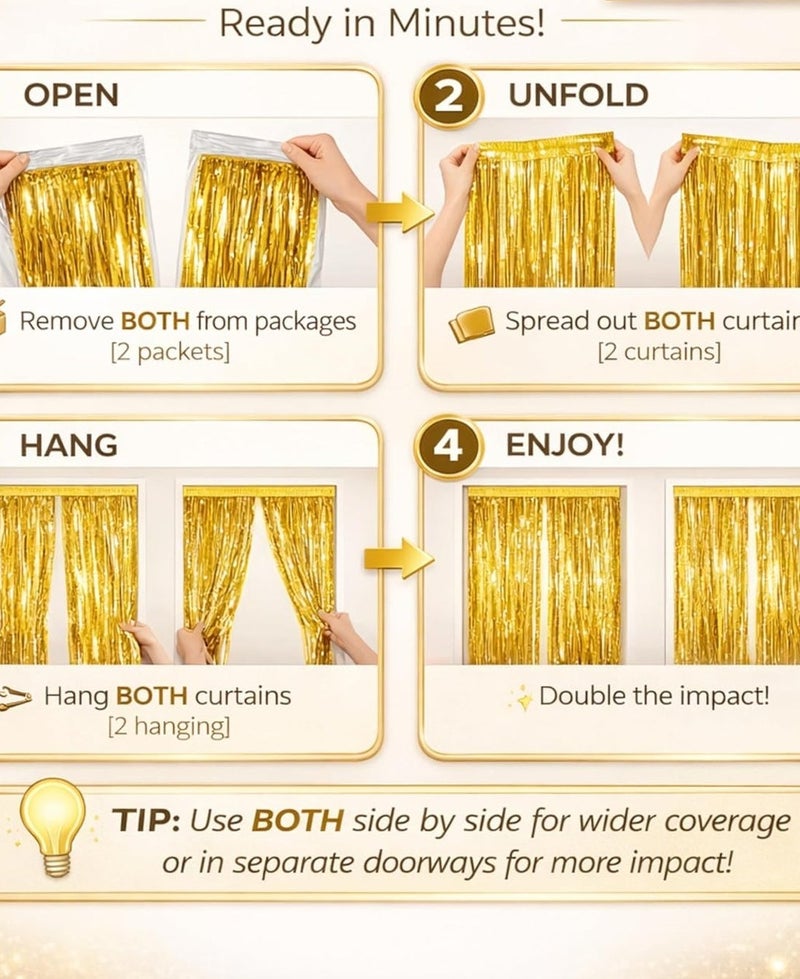 MAGIC VAULT Foil Fringe Curtains Pack of 2 - 1x2m Metallic Tinsel Backdrop for Events (Gold) - Image 2