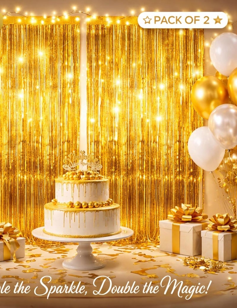 MAGIC VAULT Foil Fringe Curtains Pack of 2 - 1x2m Metallic Tinsel Backdrop for Events (Gold) - Image 3