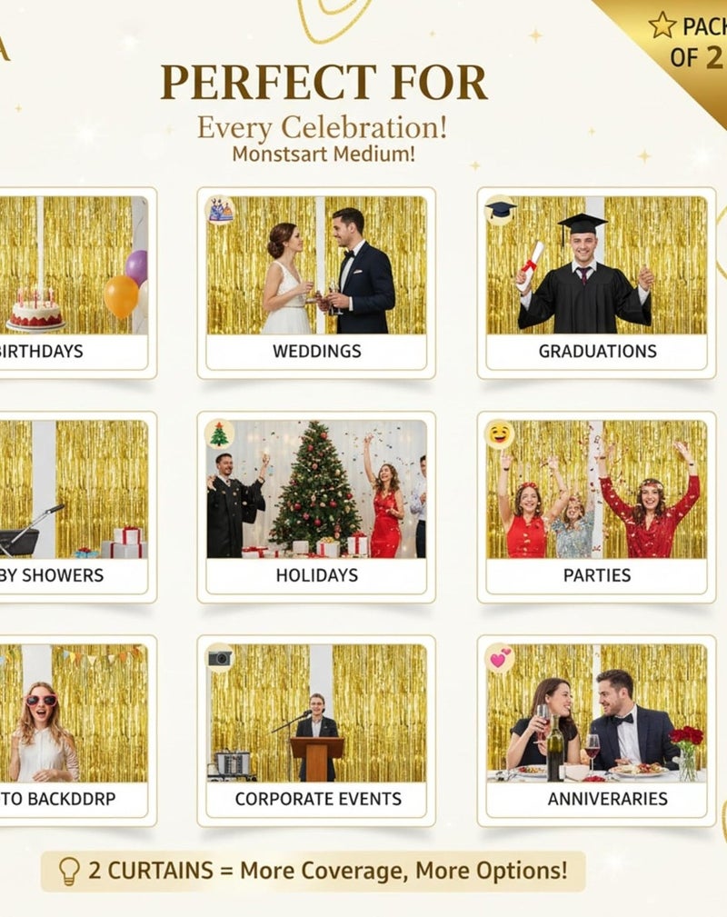 MAGIC VAULT Foil Fringe Curtains Pack of 2 - 1x2m Metallic Tinsel Backdrop for Events (Gold) - Image 4