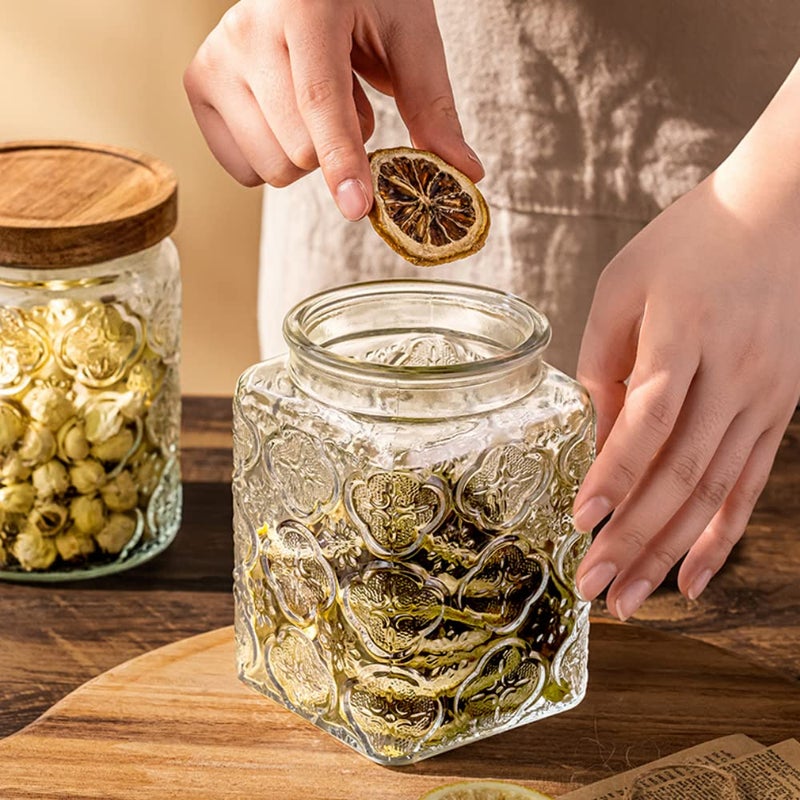 ANSQU 25.3 FL OZ Square Glass Jar  Glass Storage Jar with Airtight Lid  Glass Food Storage Containers for Candy  Coffee  Tea  Canning  Cute Jar (Square Begonia) - Image 3