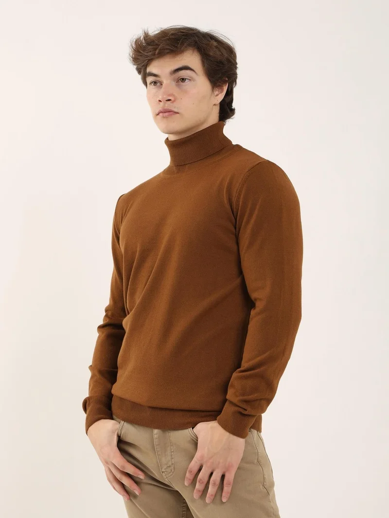 Dufy Tobacco Tobacco Men's Slim Fit Full Turtleneck Knitwear - 91072 for Men | Best Price UAE