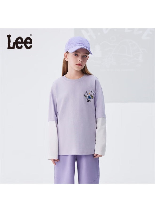 Lee Children'S Wear, Patchwork Outdoor Faux Two-Piece Long-Sleeve T-Shirt, Printed Base Layer, Fengxin Purple