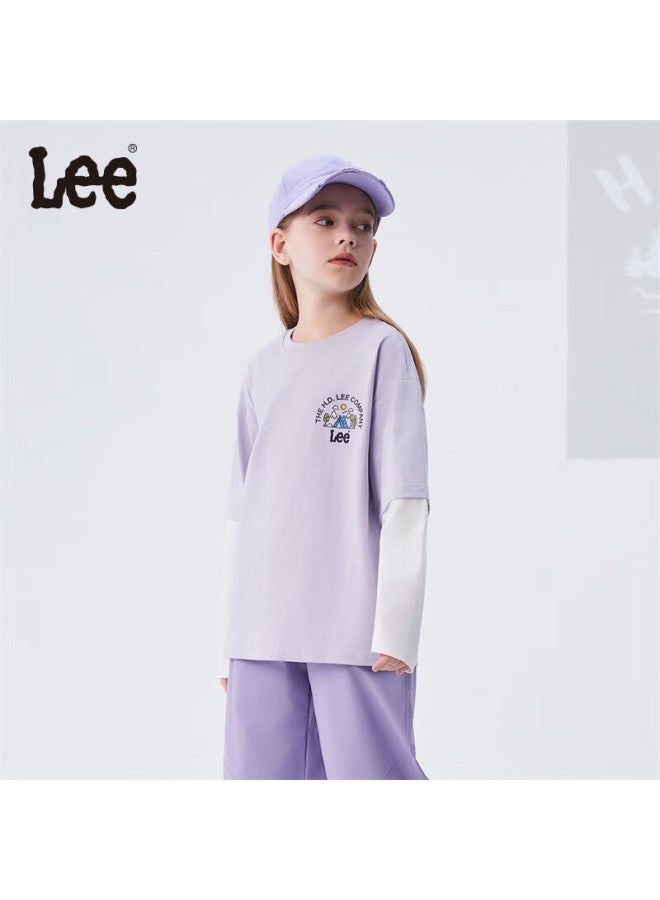 Lee Children'S Wear, Patchwork Outdoor Faux Two-Piece Long-Sleeve T-Shirt, Printed Base Layer, Fengxin Purple