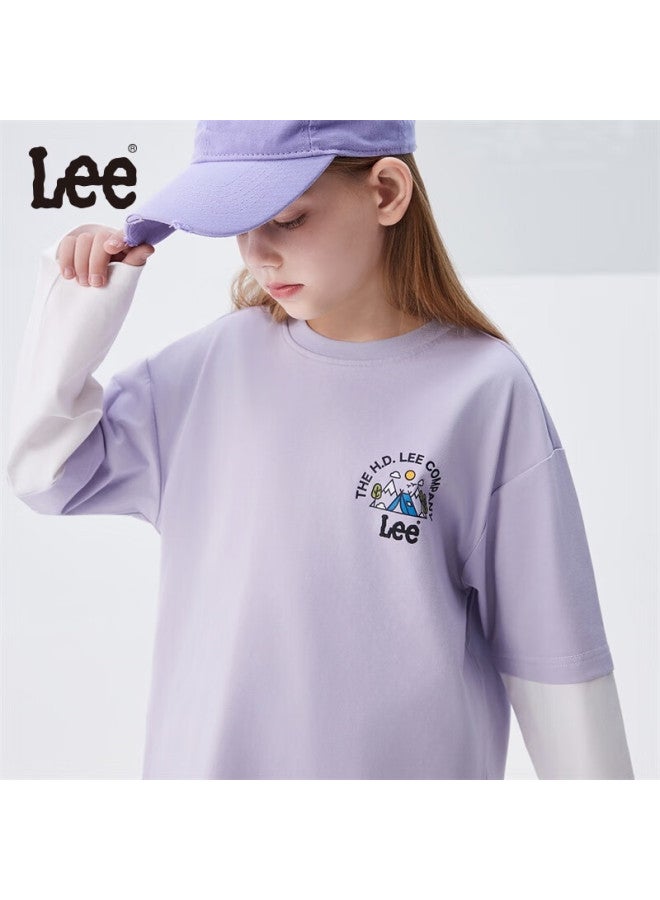 Lee Children'S Wear, Patchwork Outdoor Faux Two-Piece Long-Sleeve T-Shirt, Printed Base Layer, Fengxin Purple