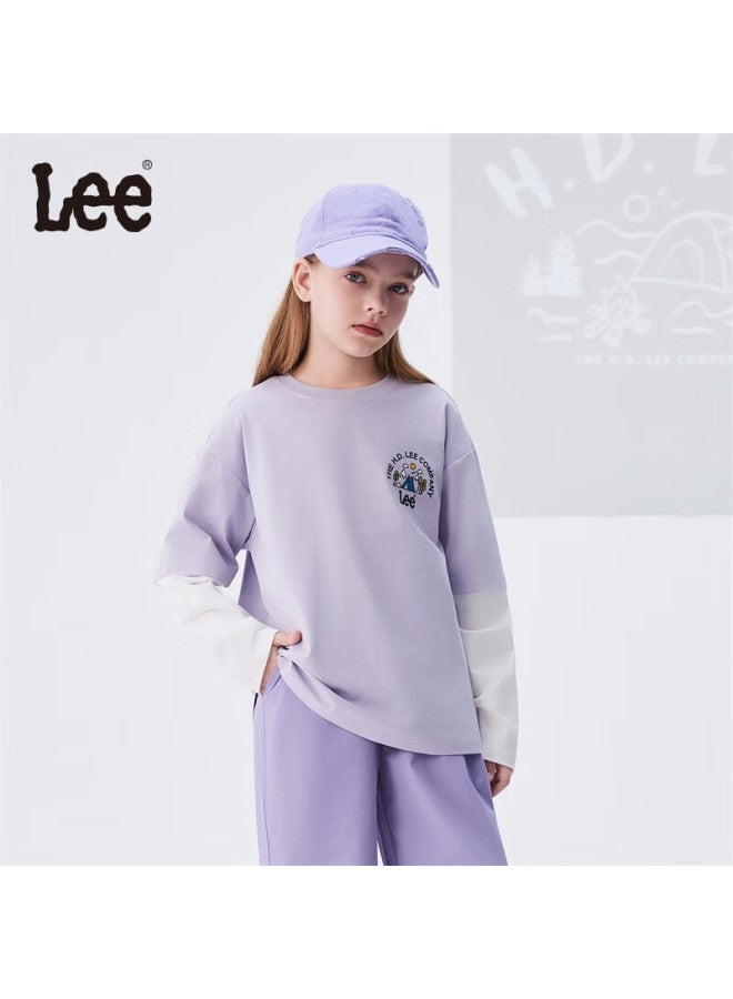 Lee Children'S Wear, Patchwork Outdoor Faux Two-Piece Long-Sleeve T-Shirt, Printed Base Layer, Fengxin Purple