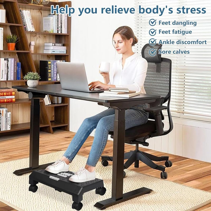 divinezon divinezon Under Desk Footrest Cushion Ergonomic Adjustable Wheels Stool With Massage Roller for Pain Relief White  - Image 3