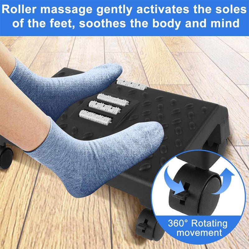 divinezon divinezon Under Desk Footrest Cushion Ergonomic Adjustable Wheels Stool With Massage Roller for Pain Relief White  - Image 2